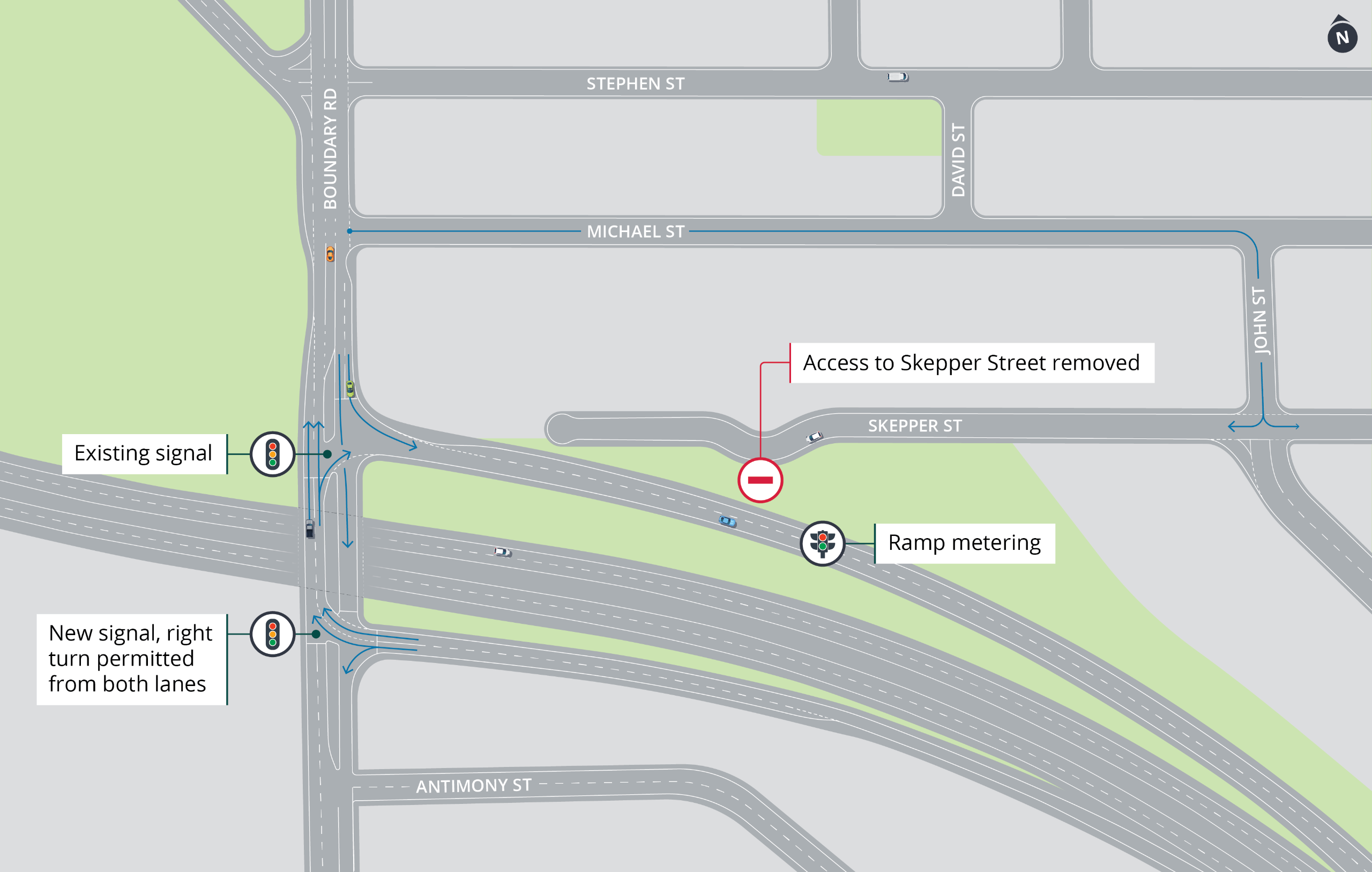 Map outlining removal of motorist access to Skepper Street via the Boundary Road eastbound on ramp. Map also includes traffic signals at Boundary Road westbound off ramp.